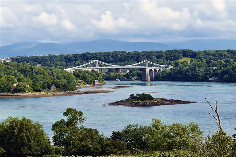The iconic Menai Bridge and the Swillies from Anglesey